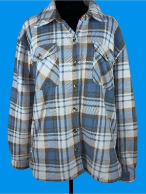 Sage Collective Women’s Blue Plaid Sherpa Flannel Jacket White Lined Sz XL